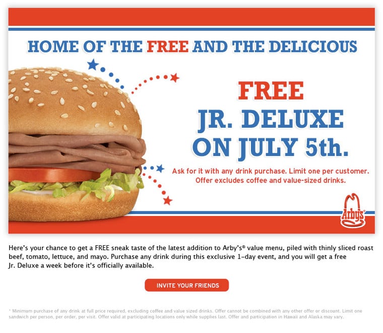 Free Junior Deluxe Sandwich at Arby&#39;s July 5 - HoustonOnTheCheap
