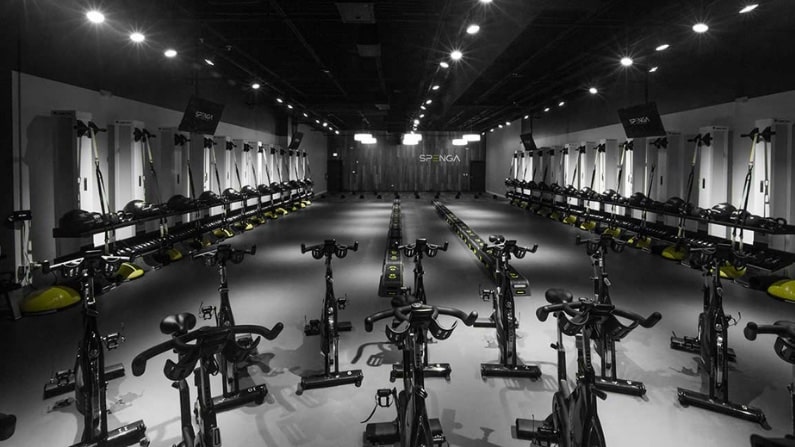 an empty spin class room at the SPENGA gym in Sugar Land