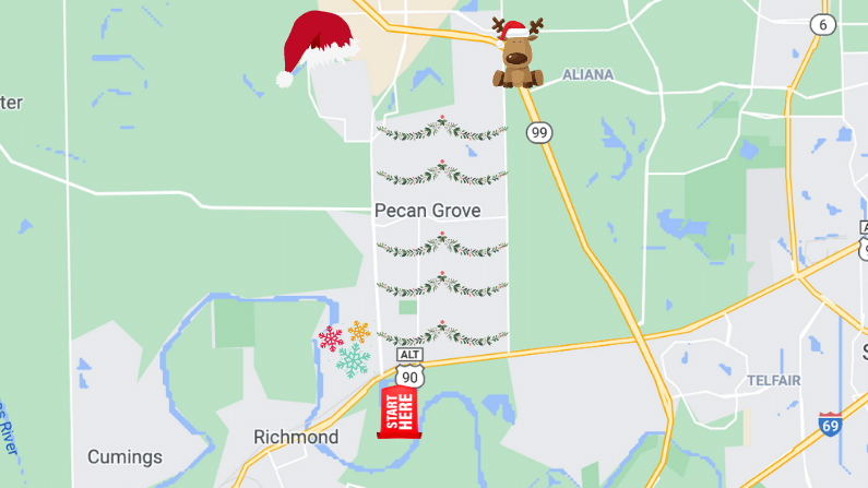 Map of Christmas Lights in Pecan Grove