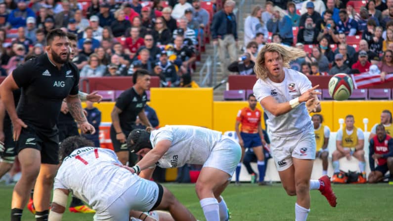 USA Men's Rugby Players in Action Passing the Ball